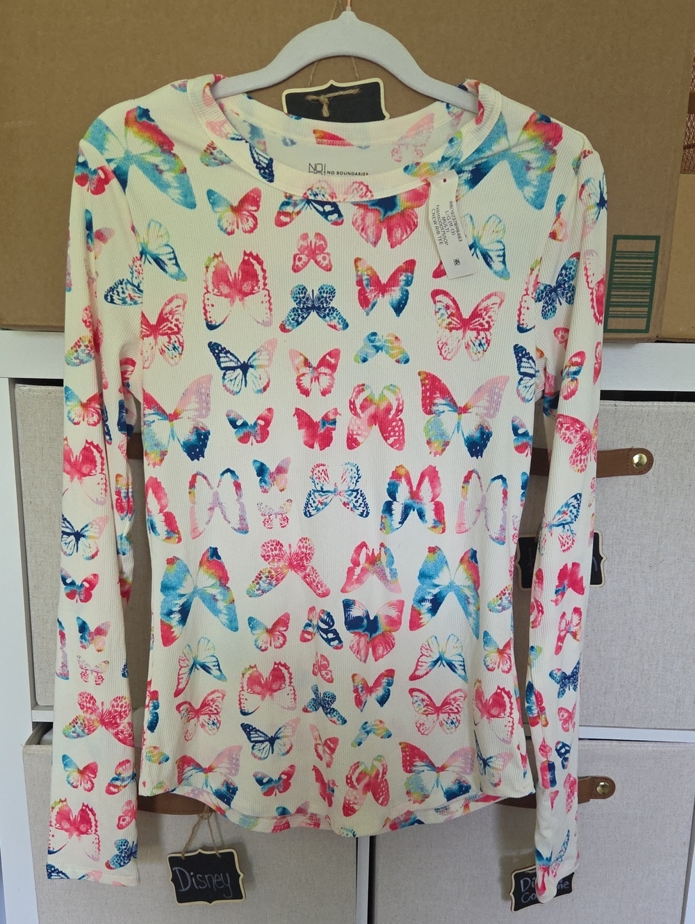 No Boundaries Cream Long Sleeve Tee with Multicolor Butterfly Print